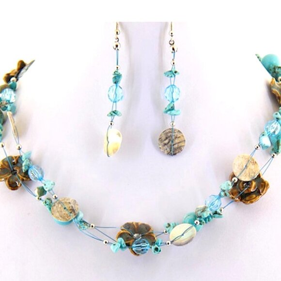 Blue Aqua Turquoise Beads Ceramic Brown Flowers Shell Disc Strands Necklace Set - Picture 1 of 2